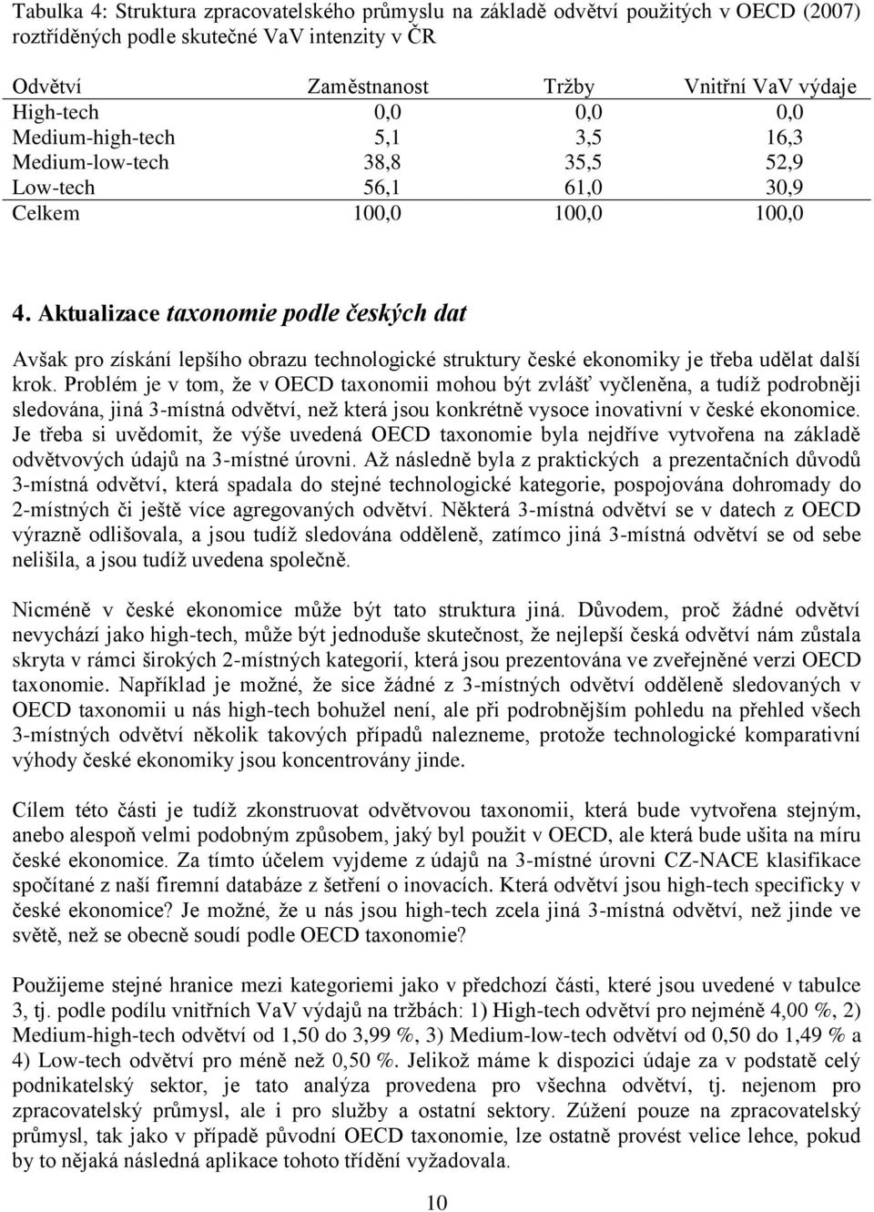 Aktualizace taxonomie podle českých dat Avšak pro získání lepšího obrazu technologické struktury české ekonomiky je třeba udělat další krok.