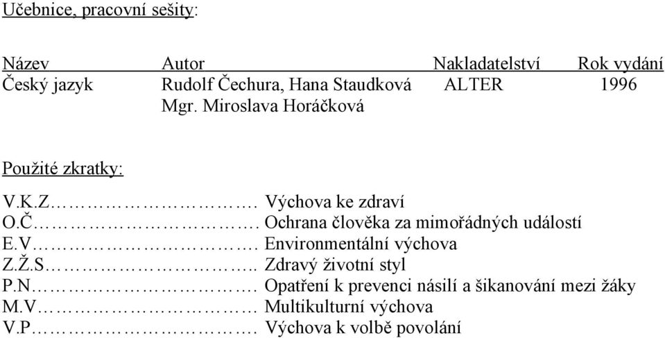 Ochrana člověka za mimořádných událostí E.V. Environmentální výchova Z.Ž.S.. Zdravý životní styl P.