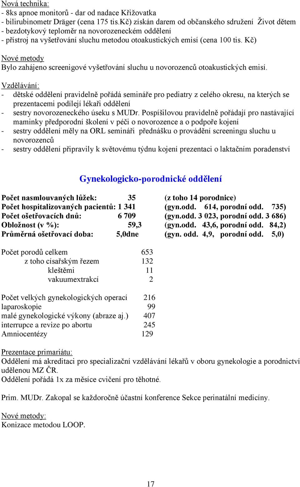 Kč) Nové metody Bylo zahájeno screenigové vyšetřování sluchu u novorozenců otoakustických emisí.