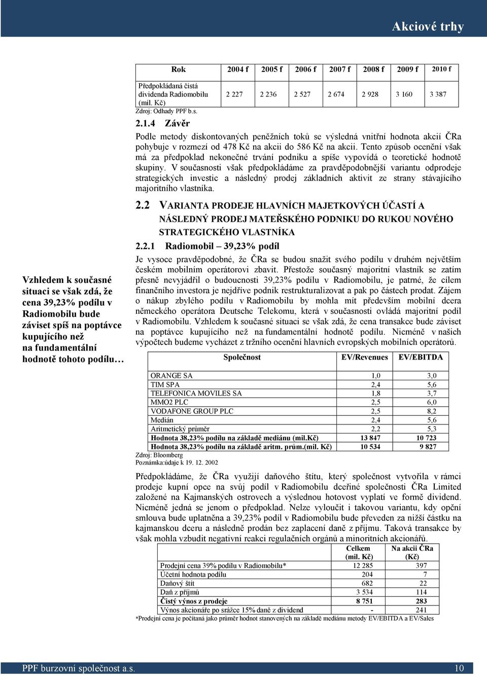 V současnosti však předpokládáme za pravděpodobnější variantu odprodeje strategických investic a následný prodej základních aktivit ze strany stávajícího majoritního vlastníka.