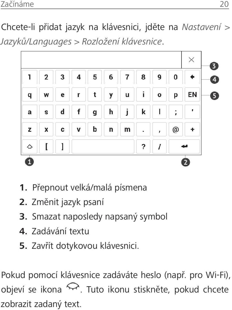 Smazat naposledy napsaný symbol 4. Zadávání textu 5. Zavřít dotykovou klávesnici.