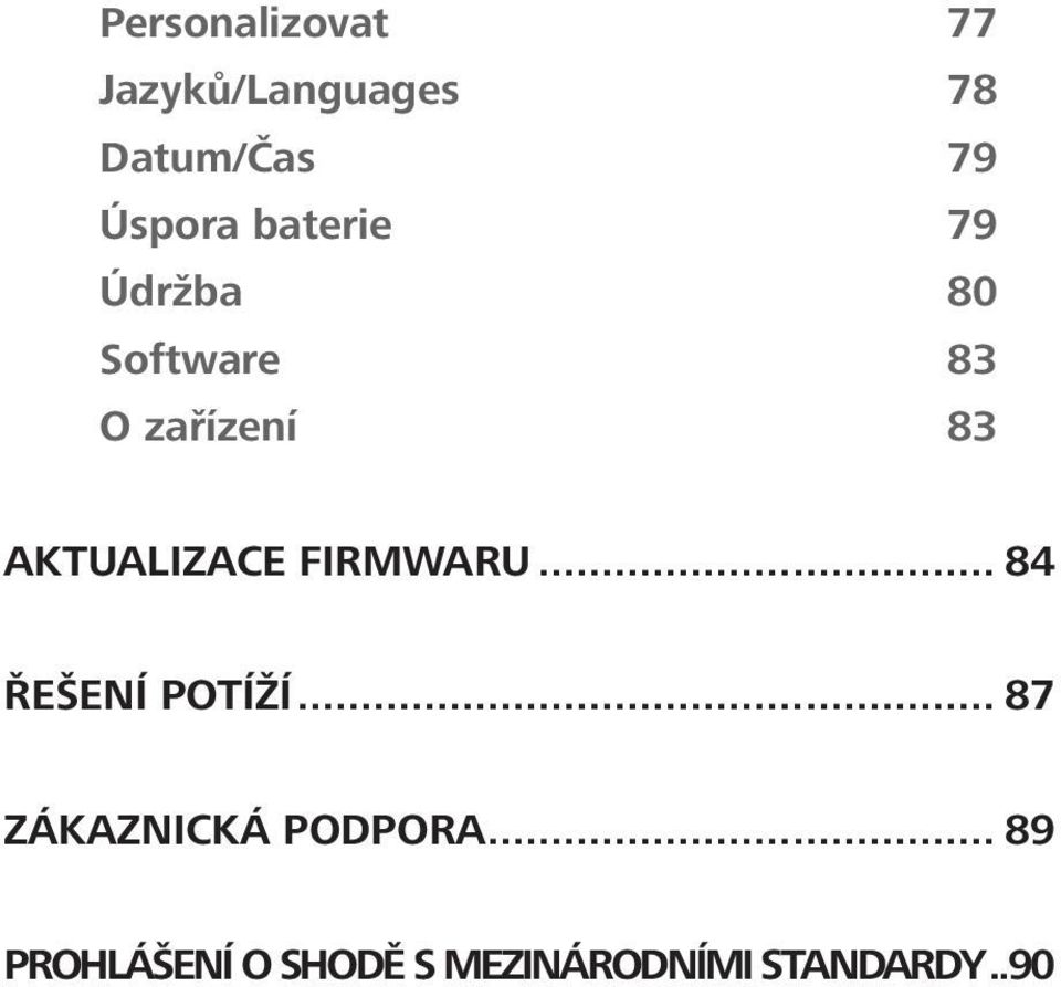 AKTUALIZACE FIRMWARU... 84 ŘEŠENÍ POTÍŽÍ.