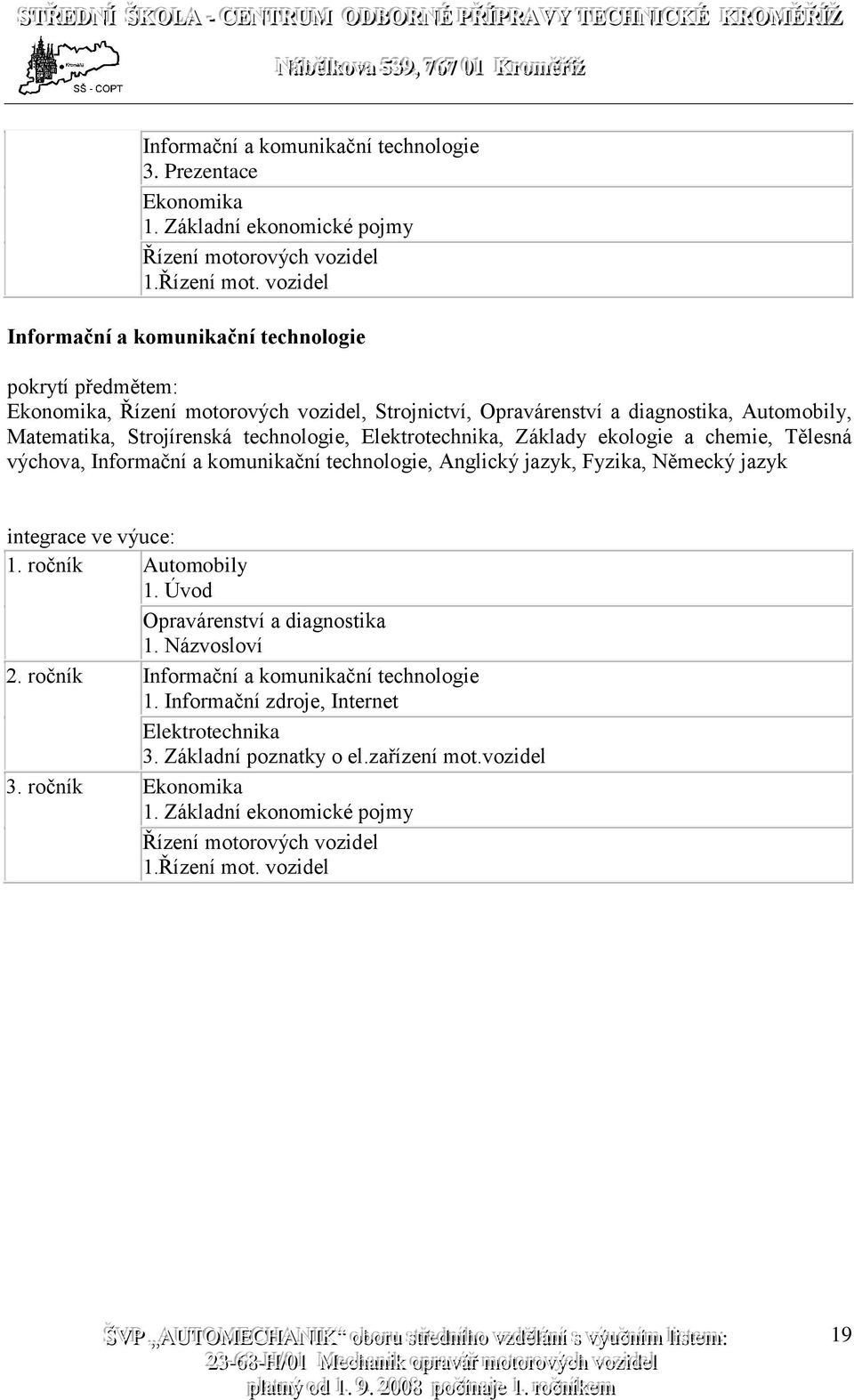 vozidel Informační a komunikační technologie pokrytí předmětem: Ekonomika, Řízení motorových vozidel, Strojnictví, Opravárenství a diagnostika, Automobily, Matematika, Strojírenská technologie,