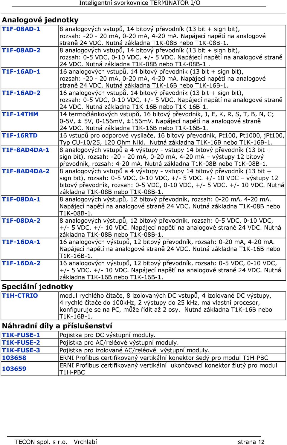 Nutná základna T1K-08B nebo T1K-08B-1. T1F-16AD-1 16 analogových vstupů, 14 bitový převodník (13 bit + sign bit), rozsah: -20-20 ma, 0-20 ma, 4-20 ma. Napájecí napětí na analogové straně 24 VDC.