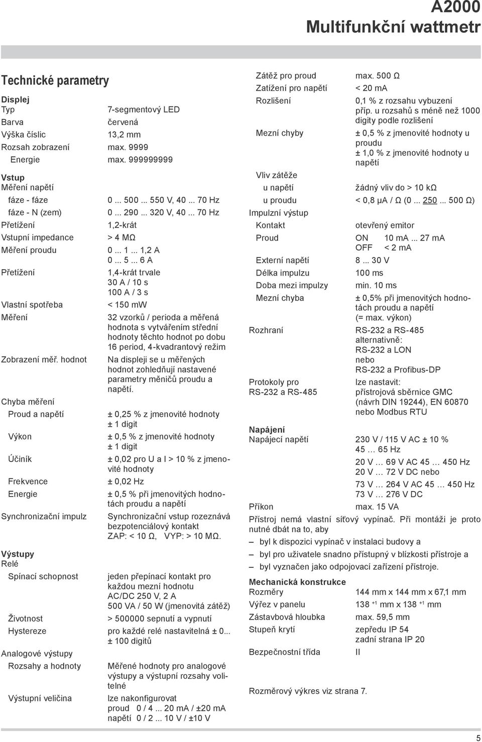 hodnot Chyba měření Proud a napětí Výkon Účiník Frekvence Energie Synchronizační impulz Výstupy Relé Spínací schopnost Životnost 0... 500... 550 V, 40... 70 Hz 0... 290... 320 V, 40.
