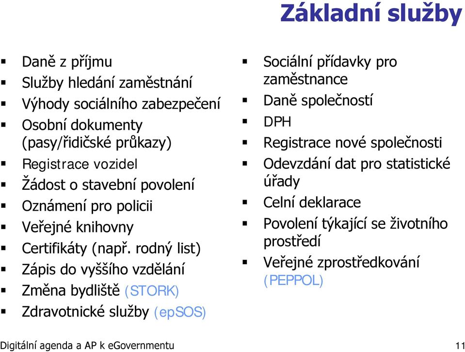 rodný list) Zápis do vyššího vzdělání Změna bydliště (STORK) Zdravotnické sluţby (epsos) Sociální přídavky pro zaměstnance Daně společností