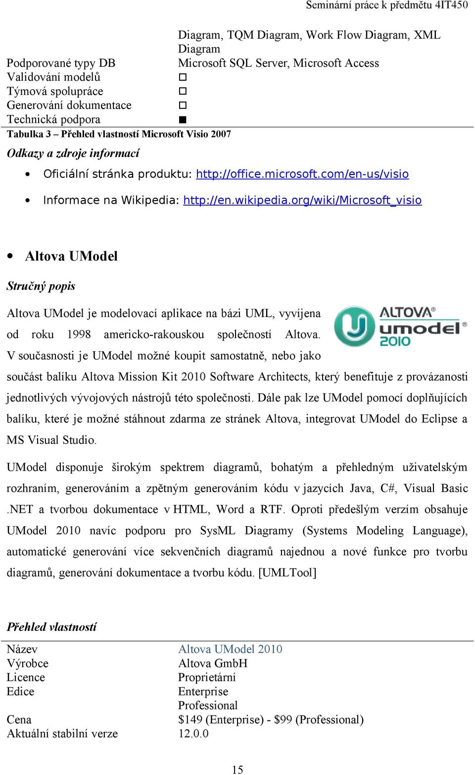 org/wiki/microsoft_visio Altova UModel Stručný popis Altova UModel je modelovací aplikace na bázi UML, vyvíjena od roku 1998 americko-rakouskou společností Altova.