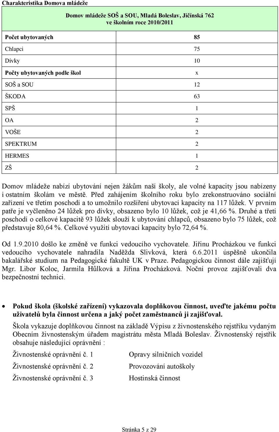 Před zahájením školního roku bylo zrekonstruováno sociální zařízení ve třetím poschodí a to umoţnilo rozšíření ubytovací kapacity na 117 lůţek.