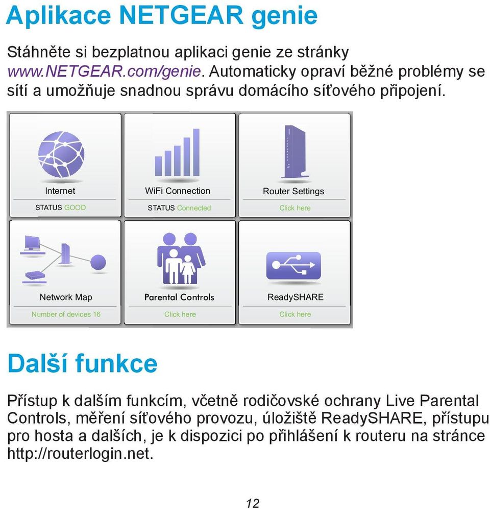 Internet STATUS GOOD WiFi Connection STATUS Connected Router Settings Click here Network Map Number of devices 16 Parental Controls Click here