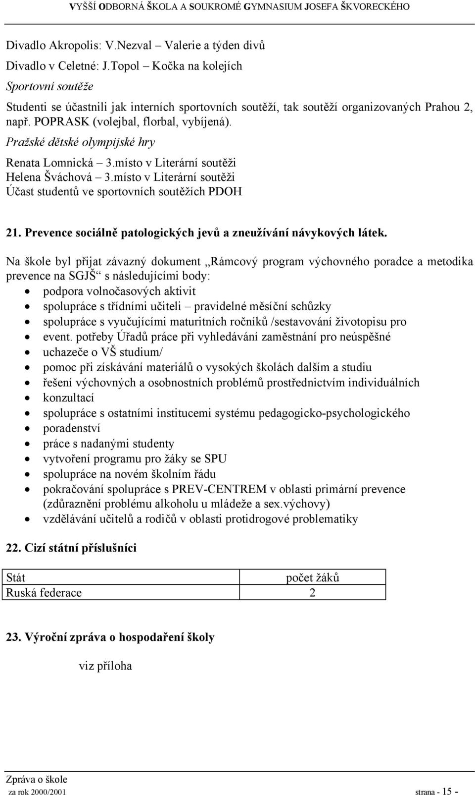 Pražské dětské olympijské hry Renata Lomnická 3.místo v Literární soutěži Helena Šváchová 3.místo v Literární soutěži Účast studentů ve sportovních soutěžích PDOH 2.