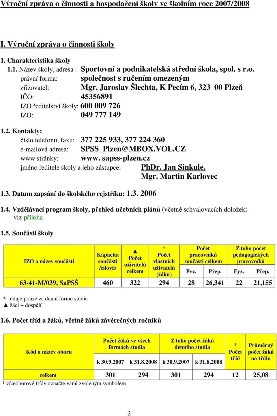 VOL.CZ www stránky: www. sapss-plzen.cz jméno ředitele školy a jeho zástupce: PhDr. Jan Sinkule, Mgr. Martin Karlovec 1.3. Datum zapsání do školského rejstříku: 1.3. 2006 1.4.