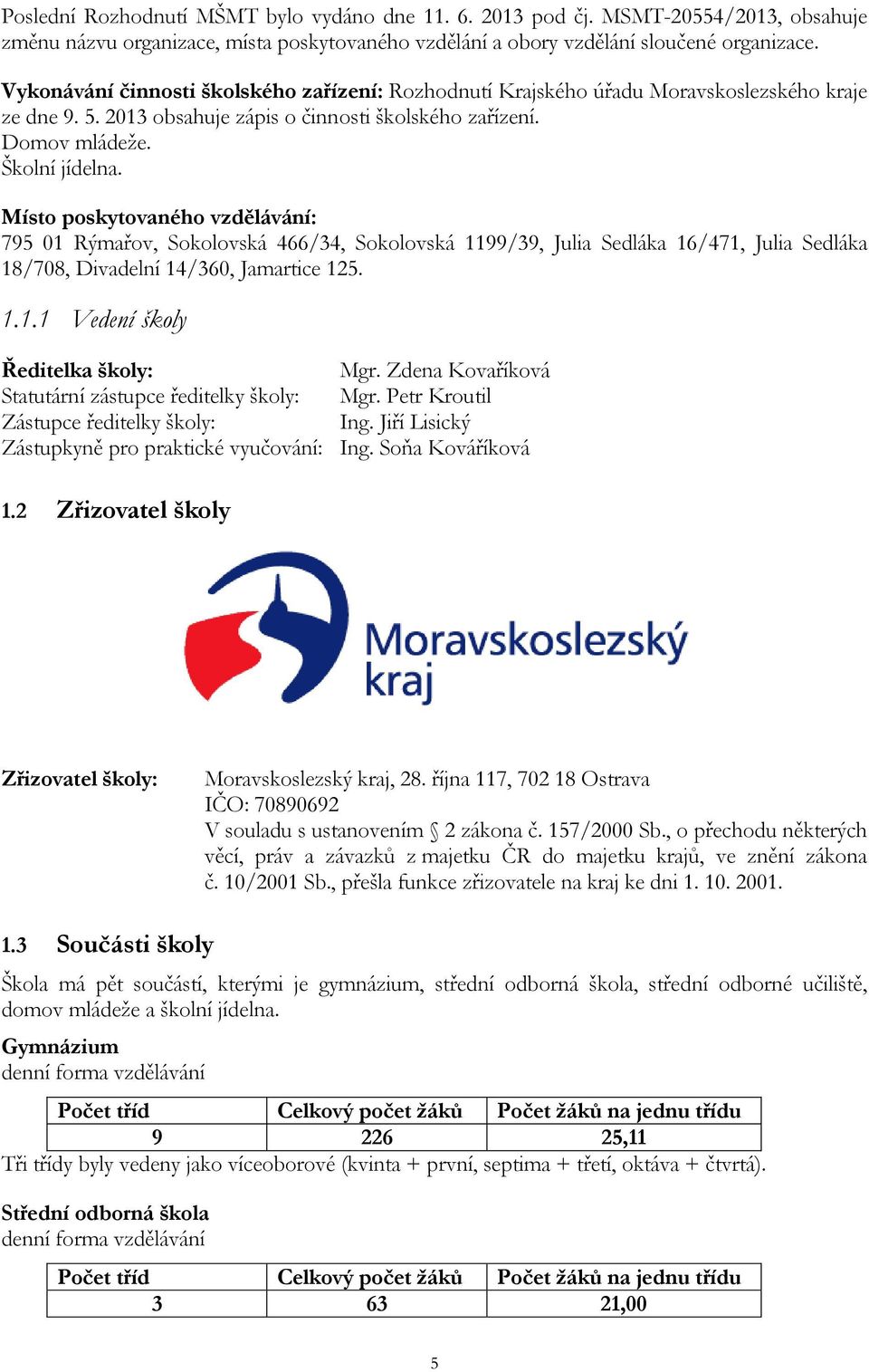 Místo poskytovaného vzdělávání: 795 01 Rýmařov, Sokolovská 466/34, Sokolovská 1199/39, Julia Sedláka 16/471, Julia Sedláka 18/708, Divadelní 14/360, Jamartice 125. 1.1.1 Vedení školy Ředitelka školy: Mgr.