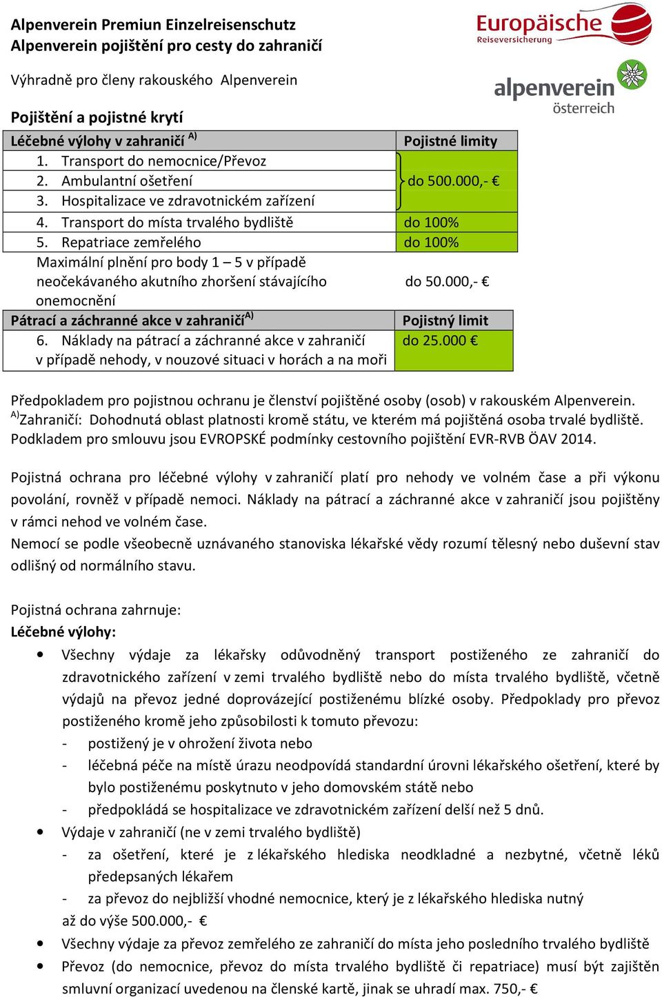 Repatriace zemřelého do 100% Maximální plnění pro body 1 5 v případě neočekávaného akutního zhoršení stávajícího do 50.000,- onemocnění Pátrací a záchranné akce v zahraničí A) Pojistný limit 6.