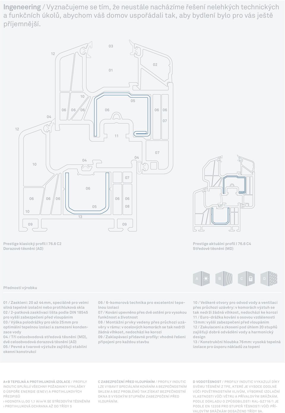 6 C4 Středové těsnění (MD) A B C D Přednosti výrobku 01 / Zasklení: 20 až 44mm, speciálně pro velmi silná tepelně izolační nebo protihluková skla 02 / 2-patková zasklívací lišta podle DIN 18545 pro