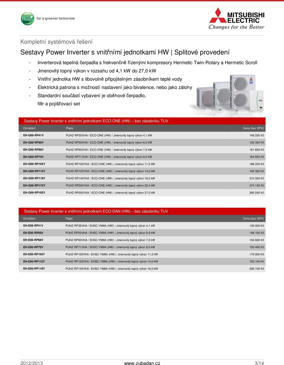 Standardní součástí vybavení je oběhové čerpadlo, filtr a pojišťovací set Sestavy Power Inverter s vnitřními jednotkami ECO-ONE (HW) bez zásobníku TUV EH-G00-RP41V PUHZ-RP35VHA / ECO-ONE (HW) /