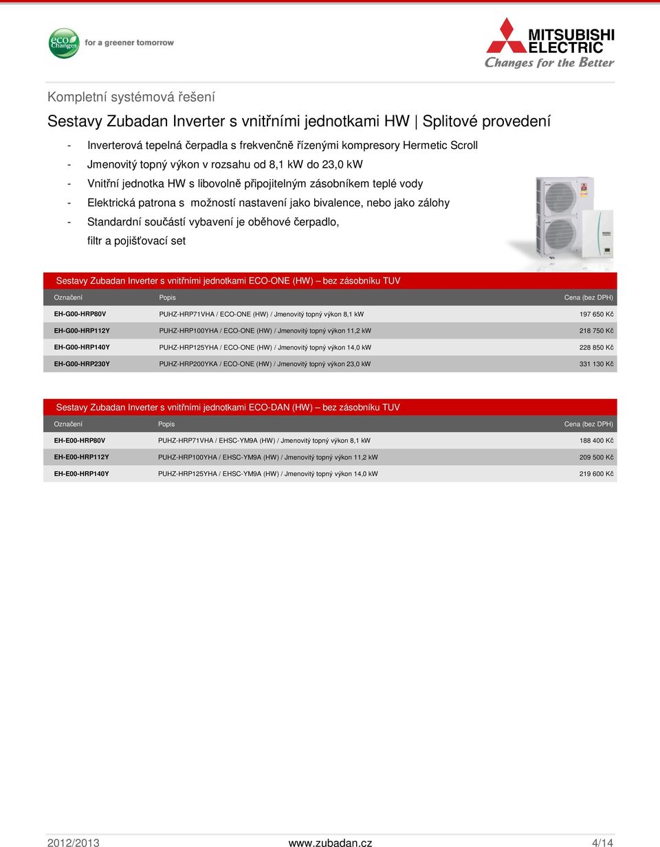 součástí vybavení je oběhové čerpadlo, filtr a pojišťovací set Sestavy Zubadan Inverter s vnitřními jednotkami ECO-ONE (HW) bez zásobníku TUV EH-G00-HRP80V PUHZ-HRP71VHA / ECO-ONE (HW) / Jmenovitý