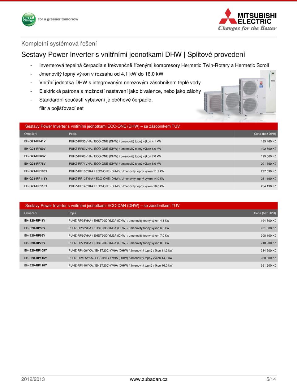 - Standardní součástí vybavení je oběhové čerpadlo, filtr a pojišťovací set Sestavy Power Inverter s vnitřními jednotkami ECO-ONE (DHW) se zásobníkem TUV EH-G21-RP41V PUHZ-RP35VHA / ECO-ONE (DHW) /