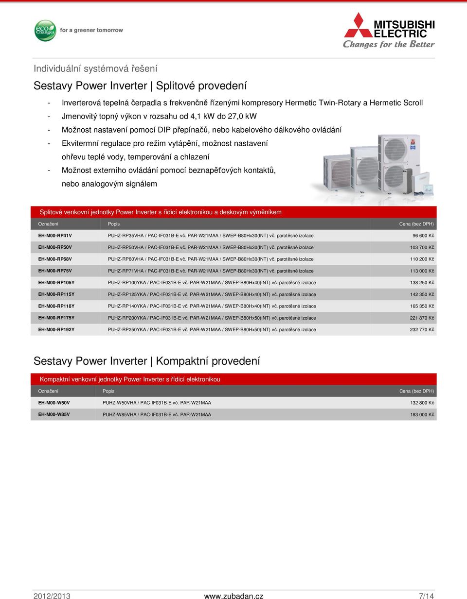 a chlazení - Možnost externího ovládání pomocí beznapěťových kontaktů, nebo analogovým signálem Splitové venkovní jednotky Power Inverter s řídicí elektronikou a deskovým výměníkem EH-M00-RP41V