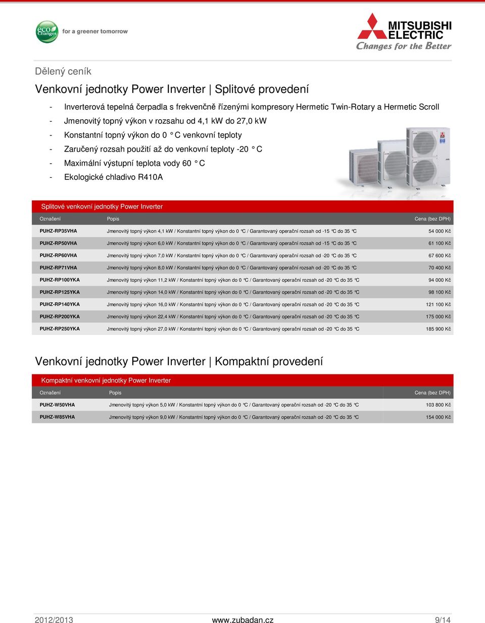 Splitové venkovní jednotky Power Inverter PUHZ-RP35VHA Jmenovitý topný výkon 4,1 kw / Konstantní topný výkon do 0 C / Garantovaný operační rozsah od -15 C do 35 C 54 000 Kč PUHZ-RP50VHA Jmenovitý