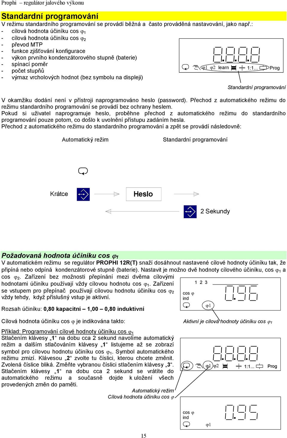 displeji) ϕ1 ϕ2 learn 1:1 Standardní programování V okamžiku dodání není v přístroji naprogramováno heslo (password) Přechod z automatického režimu do režimu standardního programování se provádí bez