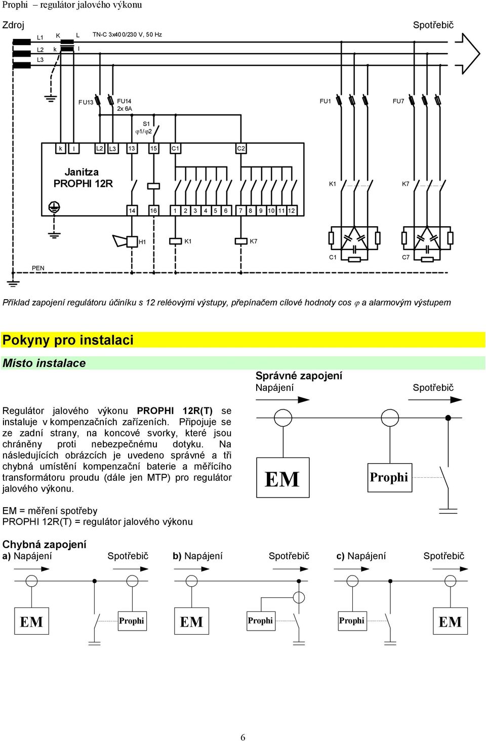 Spotřebič Regulátor jalového výkonu PROPHI 12R(T) se instaluje v kompenzačních zařízeních Připojuje se ze zadní strany, na koncové svorky, které jsou chráněny proti nebezpečnému dotyku Na