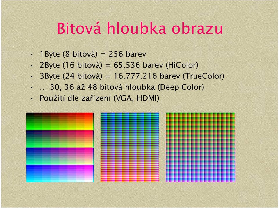 536 barev (HiColor) 3Byte (24 bitová) = 16.777.