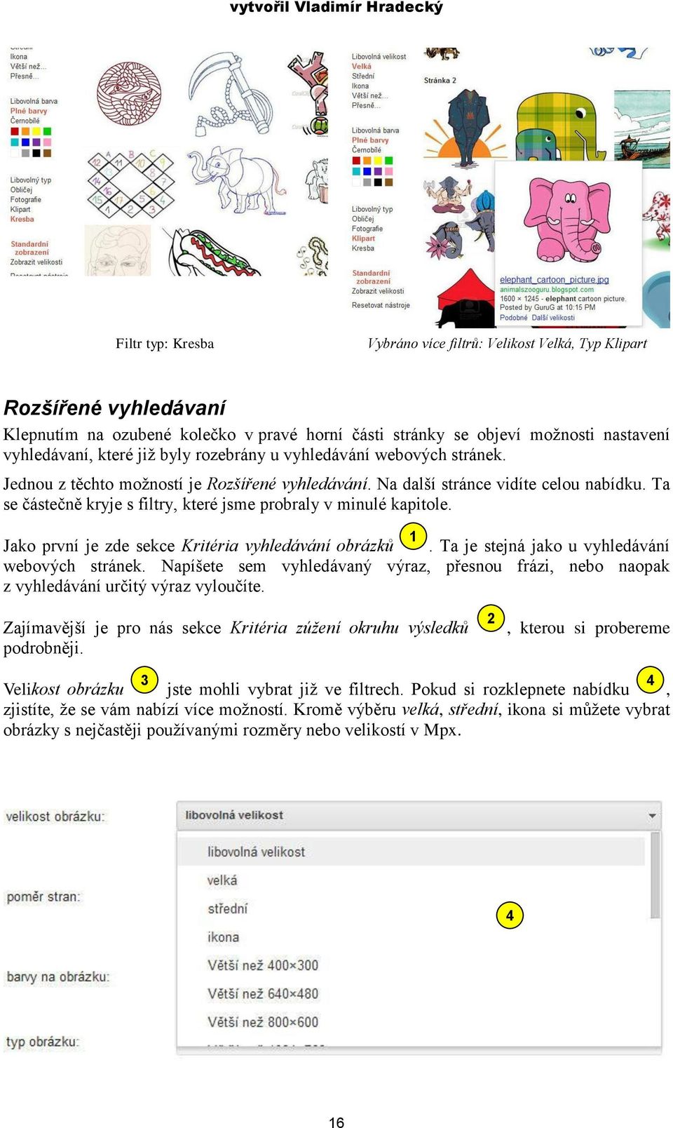 Ta se částečně kryje s filtry, které jsme probraly v minulé kapitole. Jako první je zde sekce Kritéria vyhledávání obrázků. Ta je stejná jako u vyhledávání webových stránek.