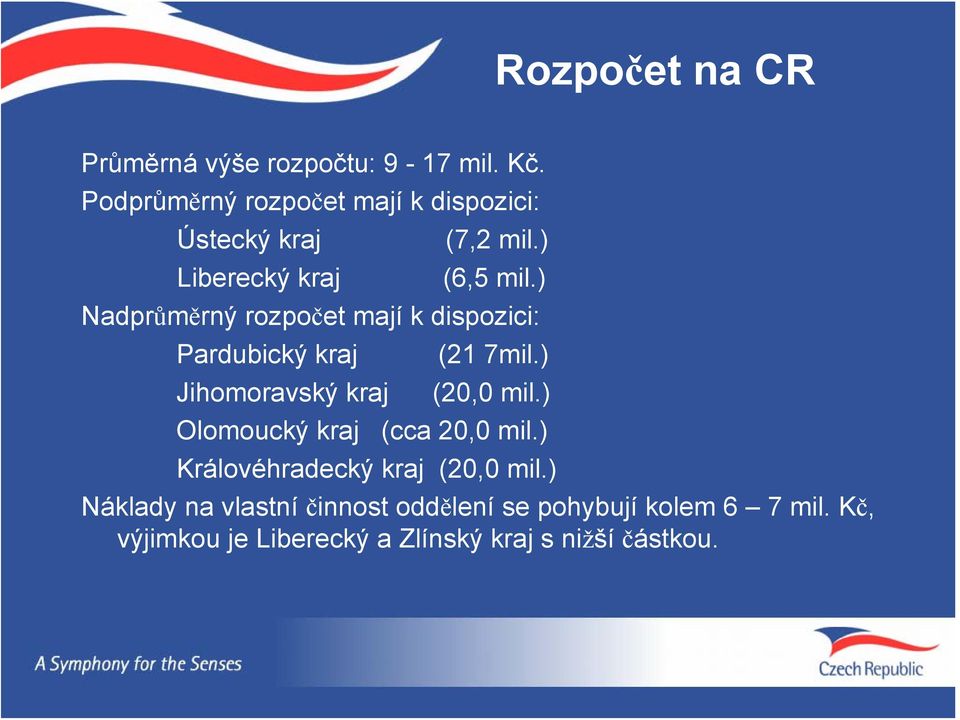 ) Nadprůměrný rozpočet mají k dispozici: Pardubický kraj (21 7mil.) Jihomoravský kraj (20,0 mil.