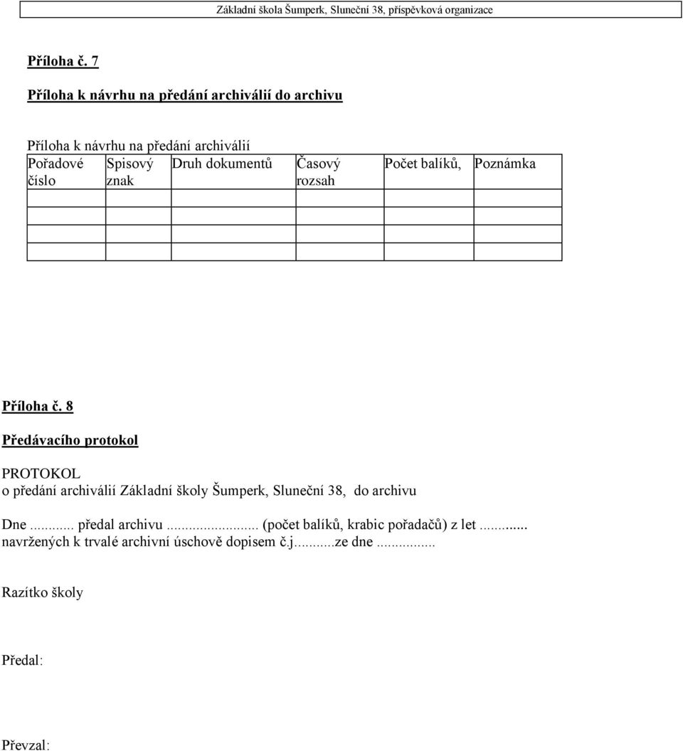 Spisový znak Druh dokumentů Časový rozsah Počet balíků, Poznámka  8 Předávacího protokol PROTOKOL o předání