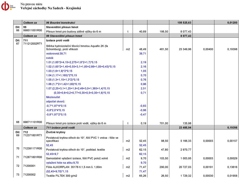 vodorovná:39,71 39,71 svislá: 1.01:(1,65*2+4,15+2,275+1,6*2+1,7)*0,15 2,19 1.02:(1,65*2+1,45+0,55+3,1+1,85+2,66+1,05+0,43)*0,15 2,16 1.03:(1,6+1,9)*2*0,15 1,05 1.04:(1,17+1,165)*2*0,15 0,70 1.