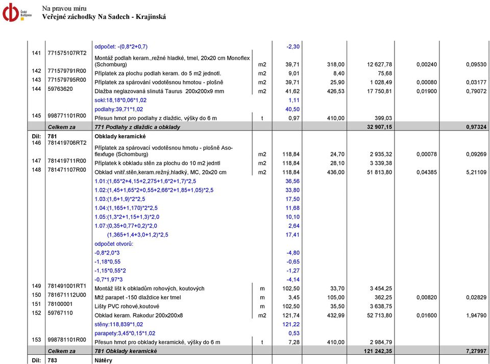 m2 9,01 8,40 75,68 Příplatek za spárování vodotěsnou hmotou - plošně m2 39,71 25,90 1 028,49 0,00080 0,03177 Dlažba neglazovaná slinutá Taurus 200x200x9 mm m2 41,62 426,53 17 750,81 0,01900 0,79072