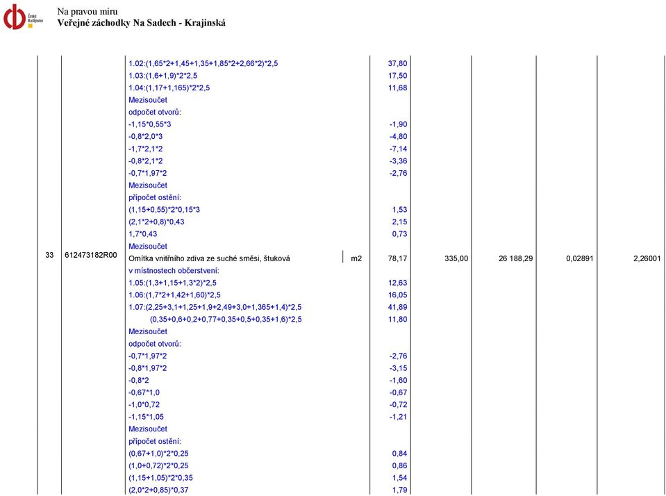 (2,1*2+0,8)*0,43 2,15 1,7*0,43 0,73 Mezisoučet Omítka vnitřního zdiva ze suché směsi, štuková m2 78,17 335,00 26 188,29 0,02891 2,26001 v místnostech občerstvení: 1.05:(1,3+1,15+1,3*2)*2,5 12,63 1.