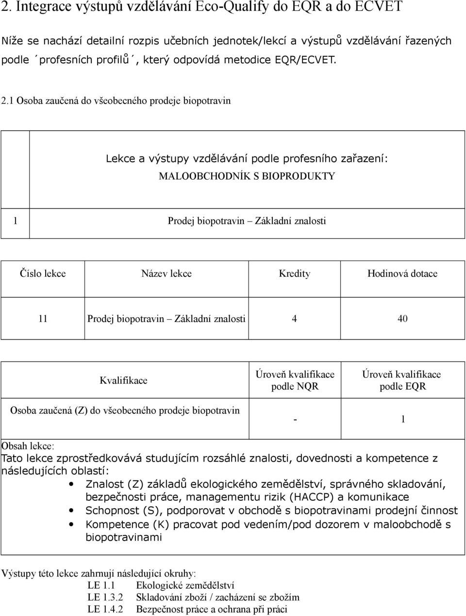 1 Osoba zaučená do všeobecného prodeje biopotravin Lekce a výstupy vzdělávání podle profesního zařazení: MALOOBCHODNÍK S BIOPRODUKTY 1 Prodej biopotravin Základní znalosti Číslo lekce Název lekce