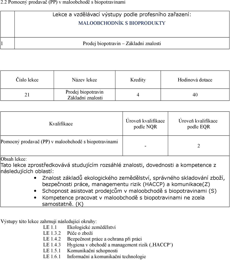2 Obsah lekce: Tato lekce zprostředkovává studujícím rozsáhlé znalosti, dovednosti a kompetence z následujících oblastí: Znalost základů ekologického zemědělství, správného skladování zboží,