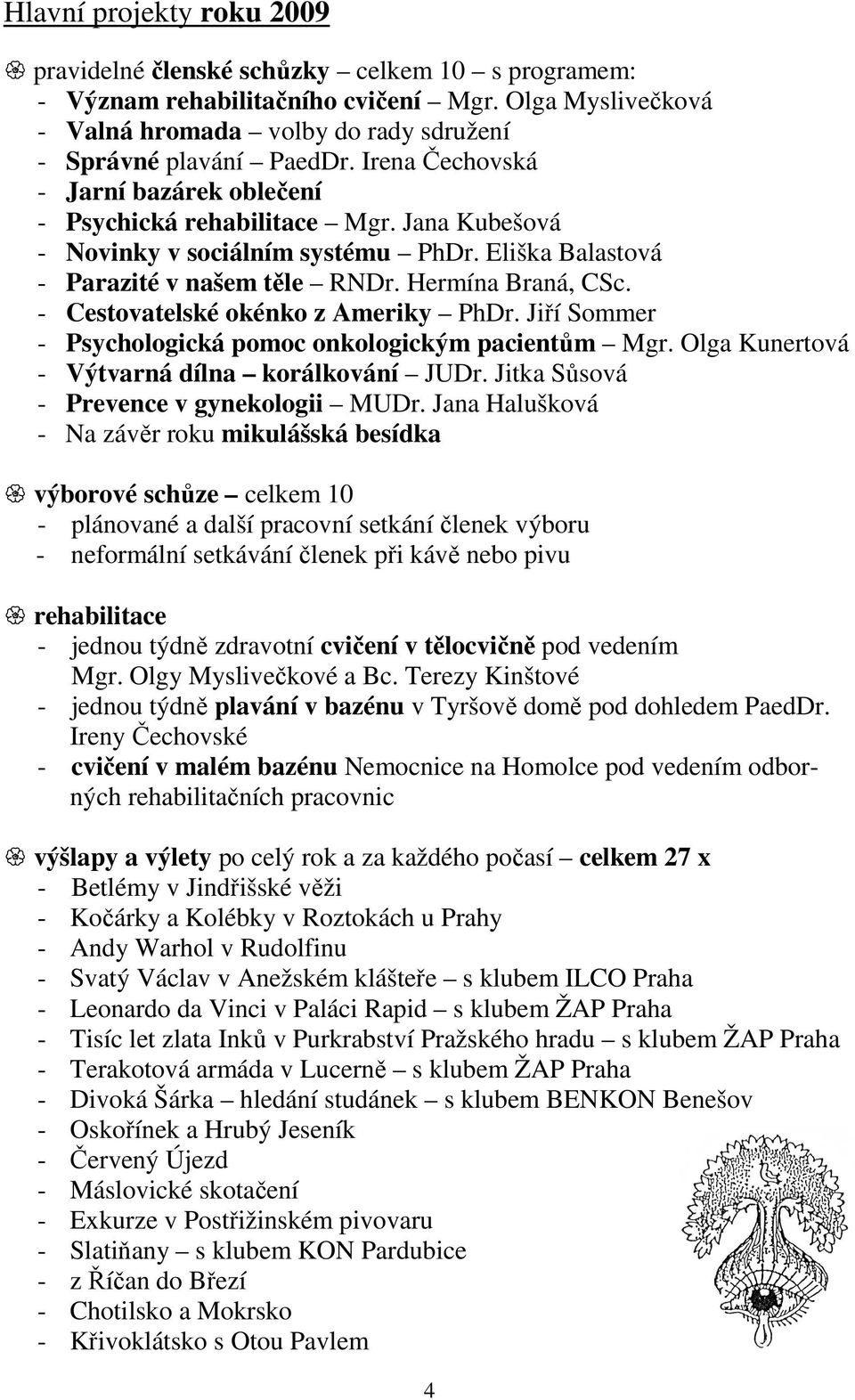 - Cestovatelské okénko z Ameriky PhDr. Jiří Sommer - Psychologická pomoc onkologickým pacientům Mgr. Olga Kunertová - Výtvarná dílna korálkování JUDr. Jitka Sůsová - Prevence v gynekologii MUDr.