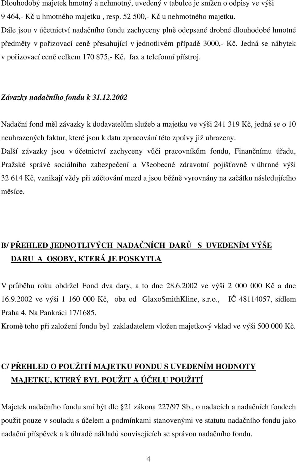 Jedná se nábytek v pořizovací ceně celkem 170 875,- Kč, fax a telefonní přístroj. Závazky nadačního fondu k 31.12.