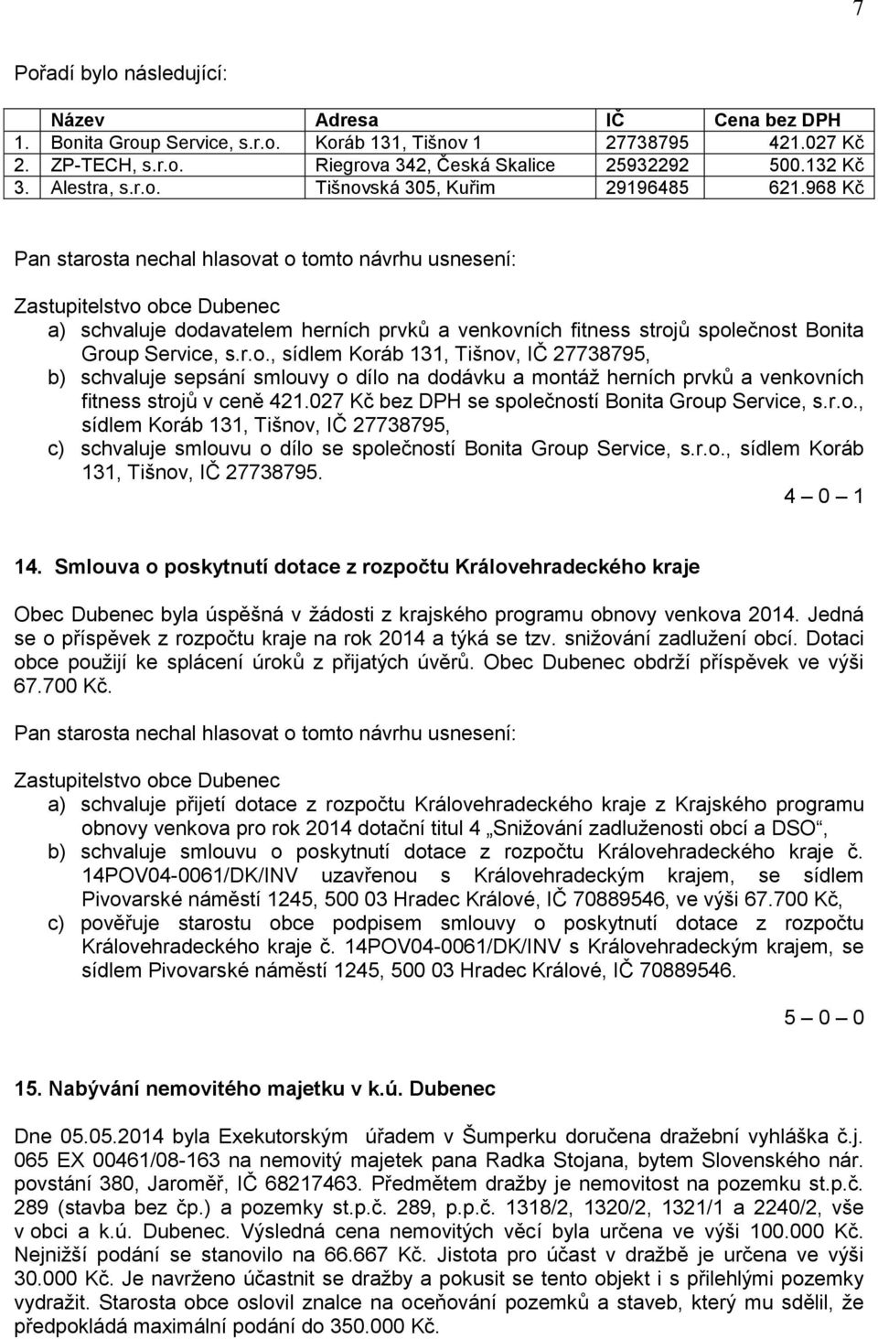 027 Kč bez DPH se společností Bonita Group Service, s.r.o., sídlem Koráb 131, Tišnov, IČ 27738795, c) schvaluje smlouvu o dílo se společností Bonita Group Service, s.r.o., sídlem Koráb 131, Tišnov, IČ 27738795. 4 0 1 14.