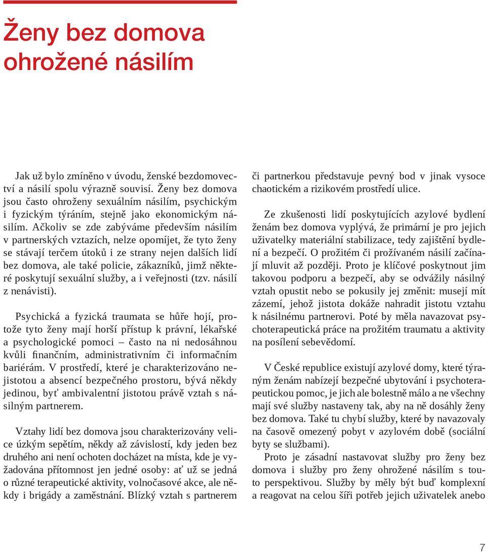 Ačkoliv se zde zabýváme především násilím v partnerských vztazích, nelze opomíjet, že tyto ženy se stávají terčem útoků i ze strany nejen dalších lidí bez domova, ale také policie, zákazníků, jimž