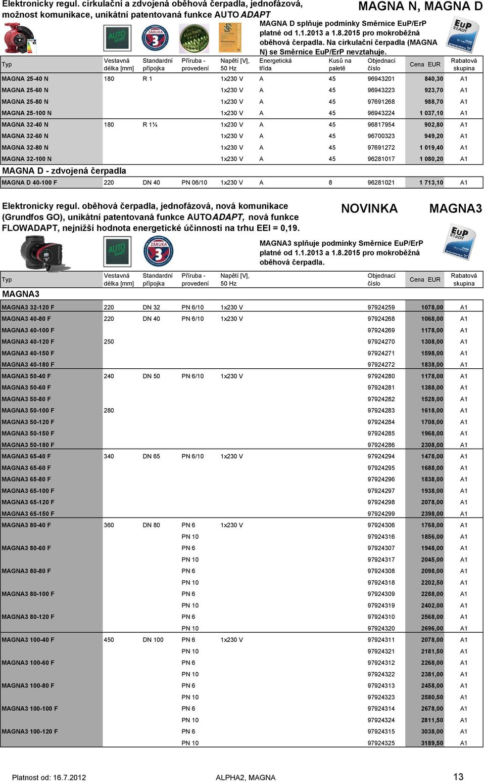 splňuje podmínky Směrnice EuP/ErP platné od 1.1.2013 a 1.8.2015 pro mokroběžná oběhová čerpadla. Na cirkulační čerpadla (MAGNA N) se Směrnice EuP/ErP nevztahuje.