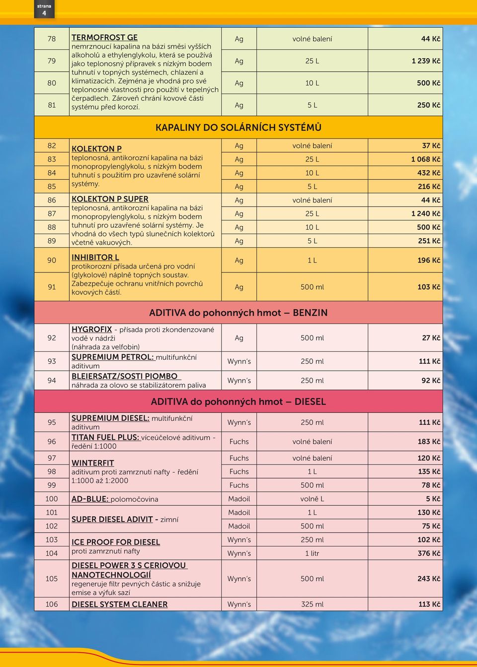 Ag 250 Kč KAPALINY DO SOLÁRNÍCH SYSTÉMŮ 82 KOLEKTON P Ag volné balení 37 Kč 83 teplonosná, antikorozní kapalina na bázi Ag 2 1 068 Kč 84 monopropylenglykolu, s nízkým bodem tuhnutí s použitím pro