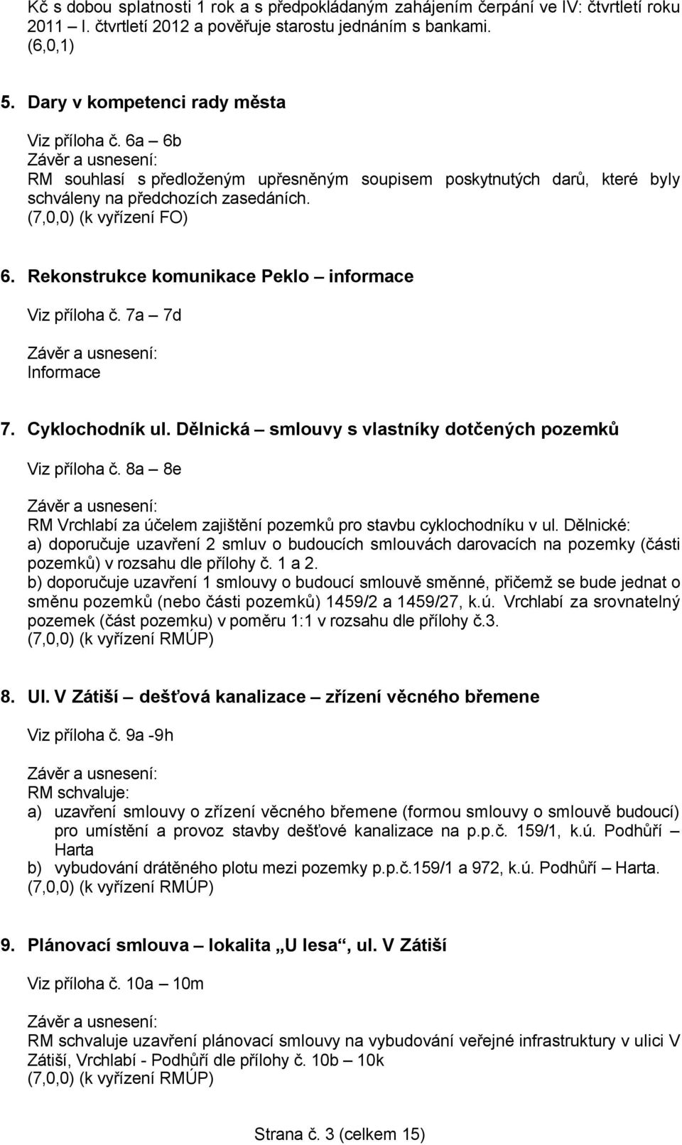 Rekonstrukce komunikace Peklo informace Viz příloha č. 7a 7d Informace 7. Cyklochodník ul. Dělnická smlouvy s vlastníky dotčených pozemků Viz příloha č.