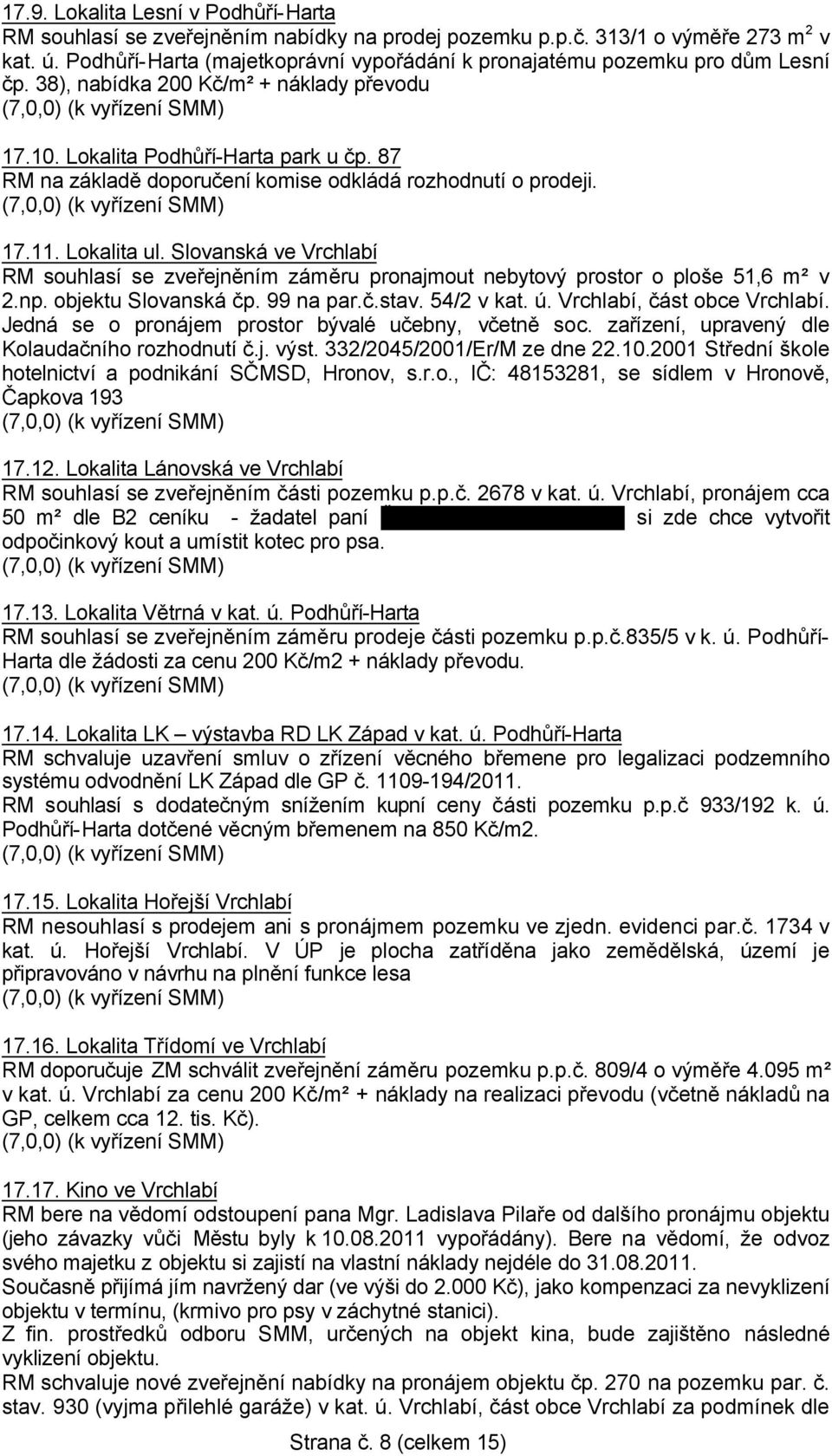 87 RM na základě doporučení komise odkládá rozhodnutí o prodeji. 17.11. Lokalita ul. Slovanská ve Vrchlabí RM souhlasí se zveřejněním záměru pronajmout nebytový prostor o ploše 51,6 m² v 2.np.