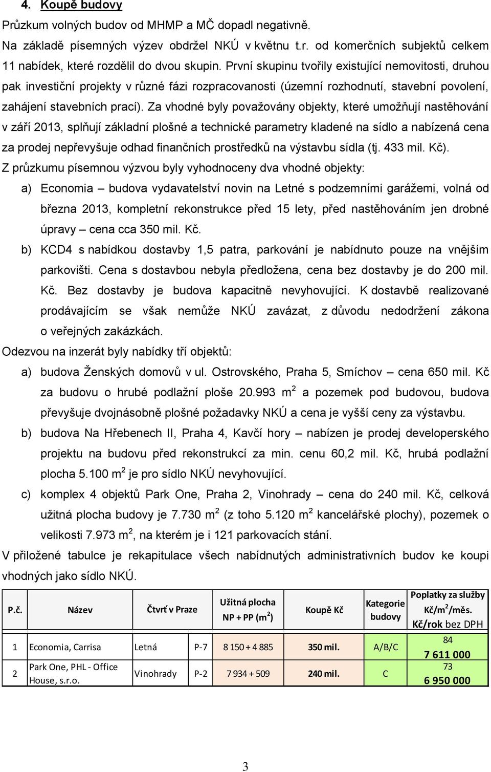 Za vhodné byly považovány objekty, které umožňují nastěhování v září 013, splňují základní plošné a technické parametry kladené na sídlo a nabízená cena za prodej nepřevyšuje odhad finančních