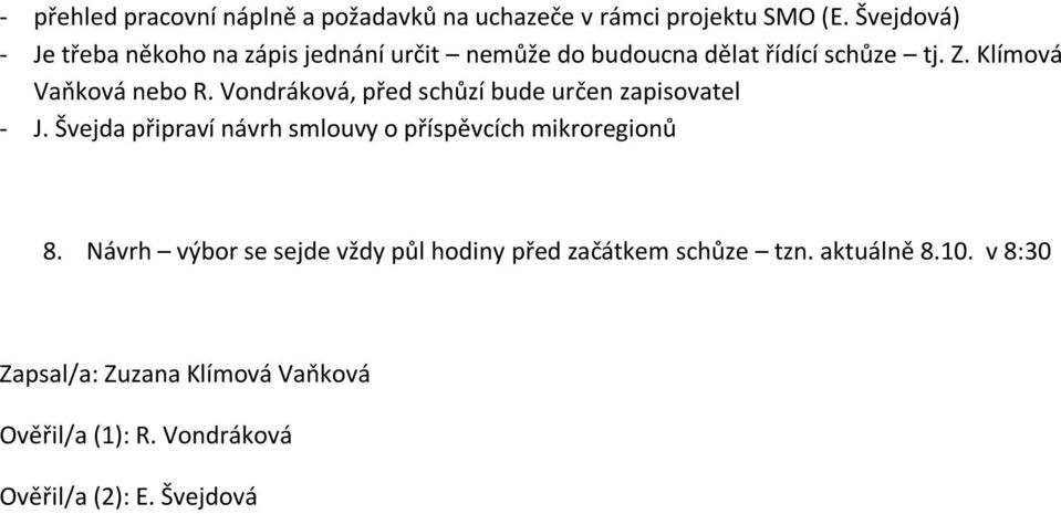 Vondráková, před schůzí bude určen zapisovatel - J. Švejda připraví návrh smlouvy o příspěvcích mikroregionů 8.