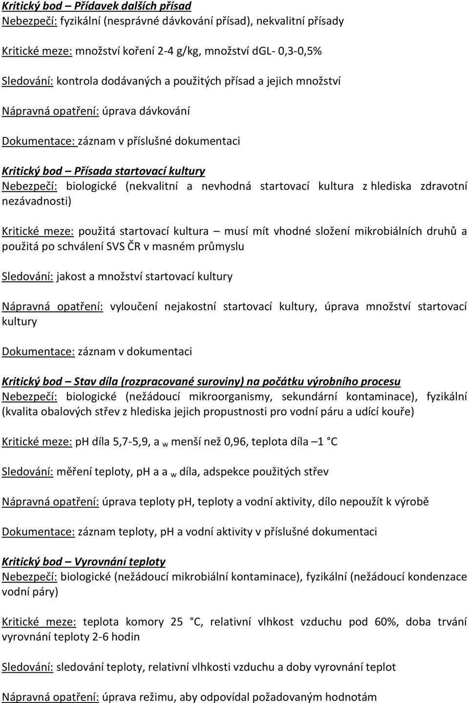 (nekvalitní a nevhodná startovací kultura z hlediska zdravotní nezávadnosti) Kritické meze: použitá startovací kultura musí mít vhodné složení mikrobiálních druhů a použitá po schválení SVS ČR v