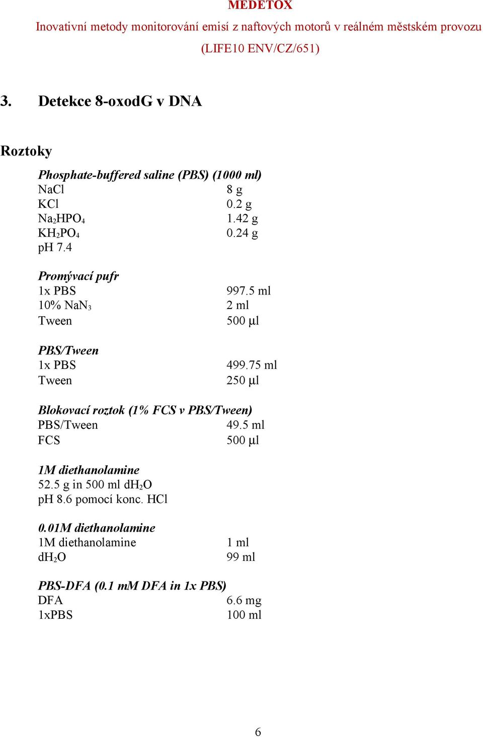 75 ml Tween 250 µl Blokovací roztok (1% FCS v PBS/Tween) PBS/Tween 49.5 ml FCS 500 µl 1M diethanolamine 52.