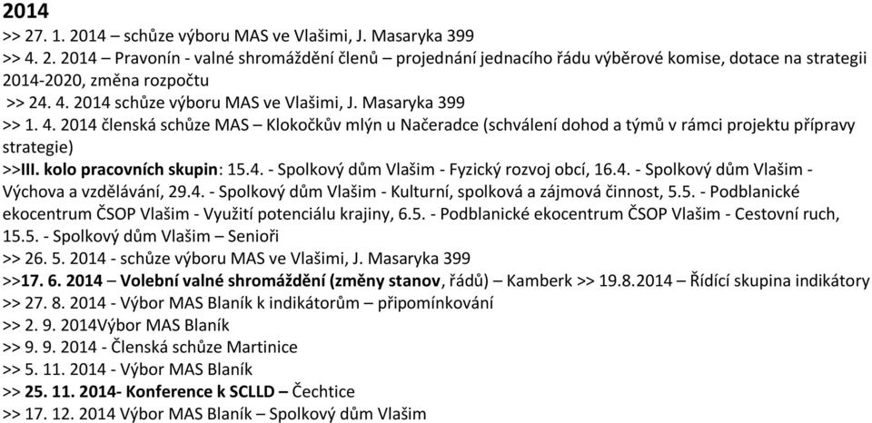 kolo pracovních skupin: 15.4. - Spolkový dům Vlašim - Fyzický rozvoj obcí, 16.4. - Spolkový dům Vlašim - Výchova a vzdělávání, 29.4. - Spolkový dům Vlašim - Kulturní, spolková a zájmová činnost, 5.5. - Podblanické ekocentrum ČSOP Vlašim - Využití potenciálu krajiny, 6.