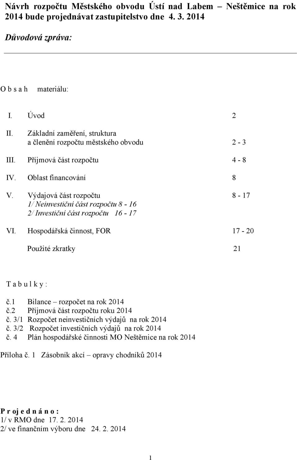 Výdajová část rozpočtu 8-17 1/ Neinvestiční část rozpočtu 8-16 2/ Investiční část rozpočtu 16-17 VI. Hospodářská činnost, FOR 17-20 Použité zkratky 21 T a b u l k y : č.