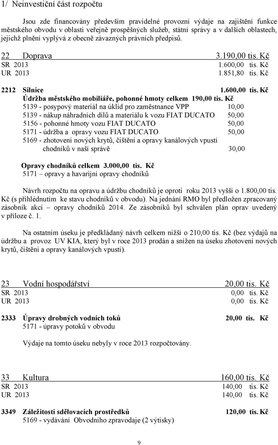 Kč 5139 - posypový materiál na úklid pro zaměstnance VPP 10,00 5139 - nákup náhradních dílů a materiálu k vozu FIAT DUCATO 50,00 5156 - pohonné hmoty vozu FIAT DUCATO 50,00 5171 - údržba a opravy