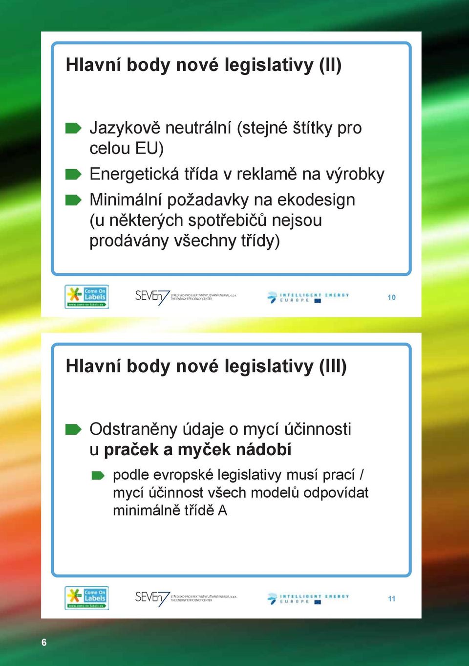 třídy) 10 Hlavní body nové legislativy (III) Odstraněny údaje o mycí účinnosti u praček a myček